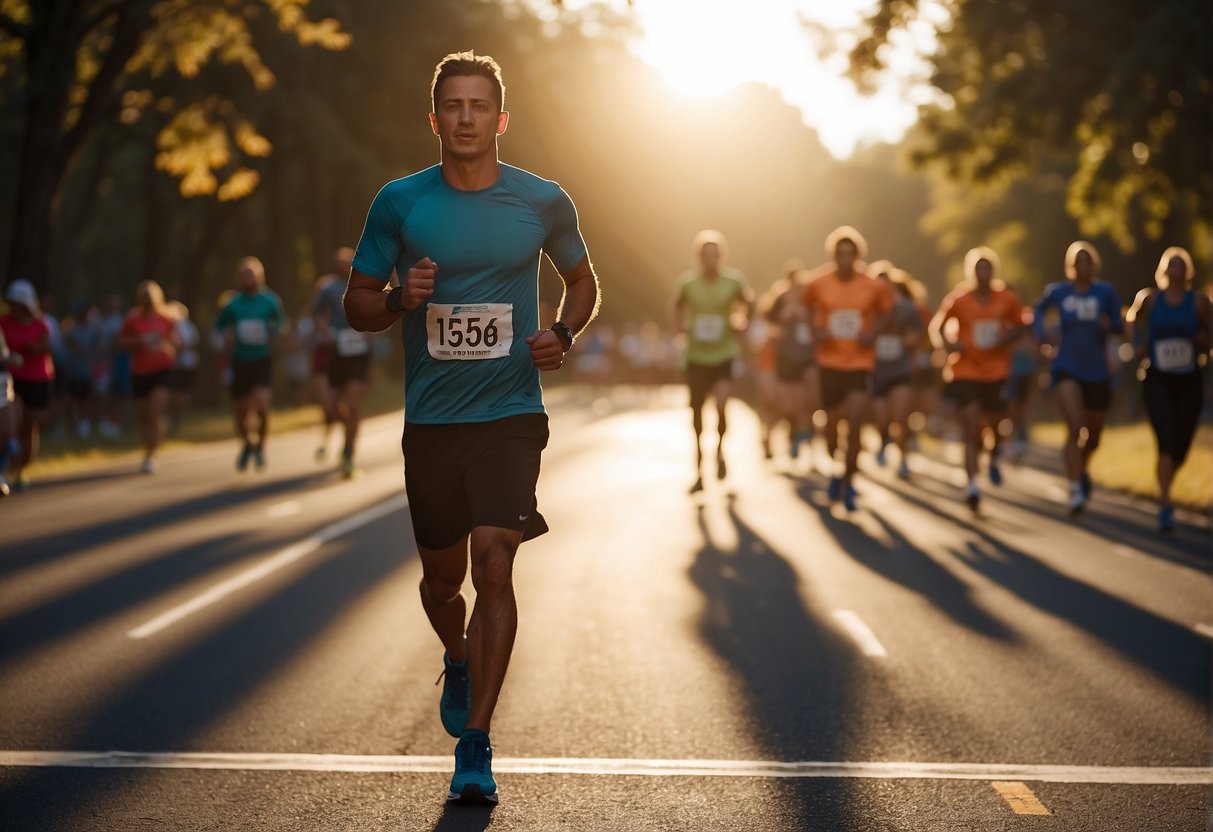 A runner stands at the starting line of a 5K race, surrounded by other participants. The sun is rising in the distance, casting a warm glow over the scene. The course stretches out ahead, winding through a scenic park with trees and rolling
