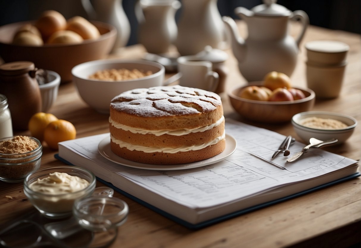 A table is covered with baking supplies and a tiered cake stand. A pencil sketches out designs on a notepad, surrounded by recipe books and measuring tools