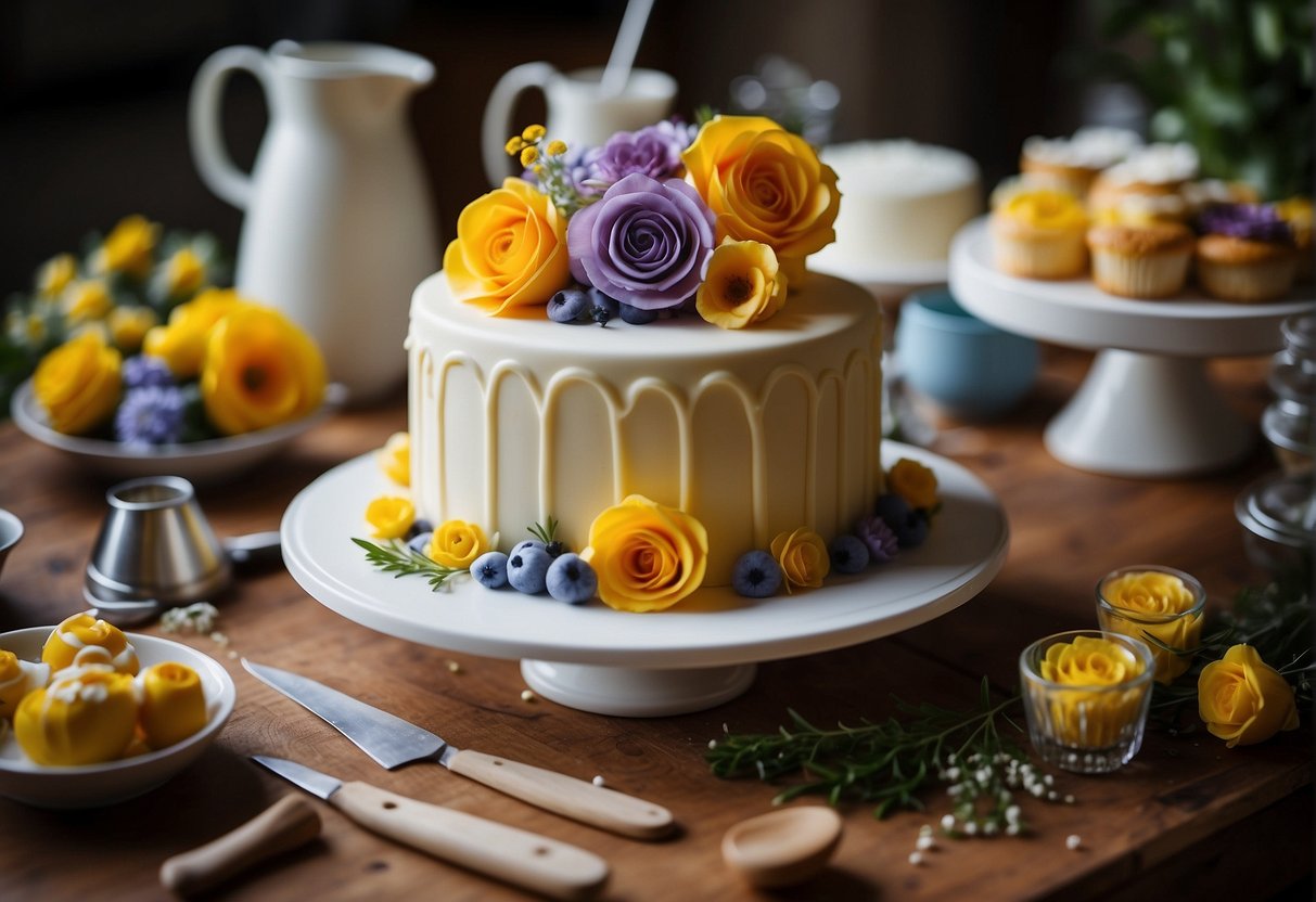 A table with assorted cake decorating tools and ingredients, including piping bags, fondant, and edible flowers. A DIY wedding cake in progress, with layers and tiers being carefully assembled and decorated