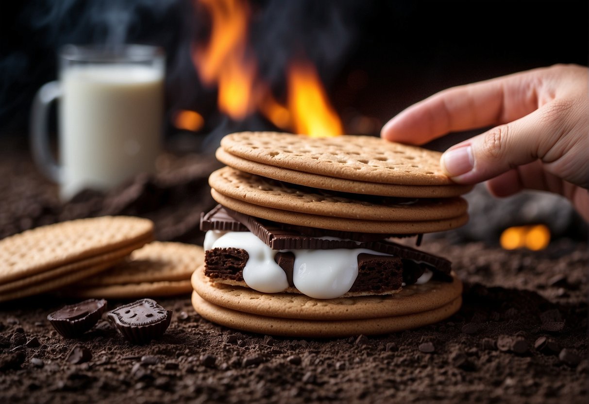 A campfire surrounded by graham crackers, marshmallows, and Oreos. A hand holds a stick with a melted marshmallow and chocolate sandwiched between two cookies