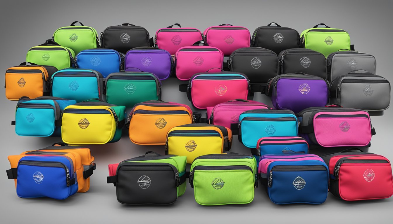 A display of the top 10 disc golf putter pouches on Amazon, arranged neatly with clear branding and various color options