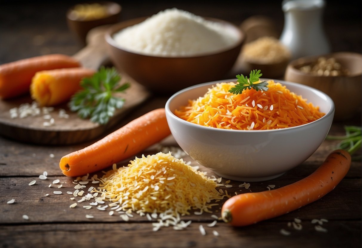 A bowl of grated carrots, flour, sugar, eggs, and vanilla extract, with options for almond flour and coconut sugar as substitutions