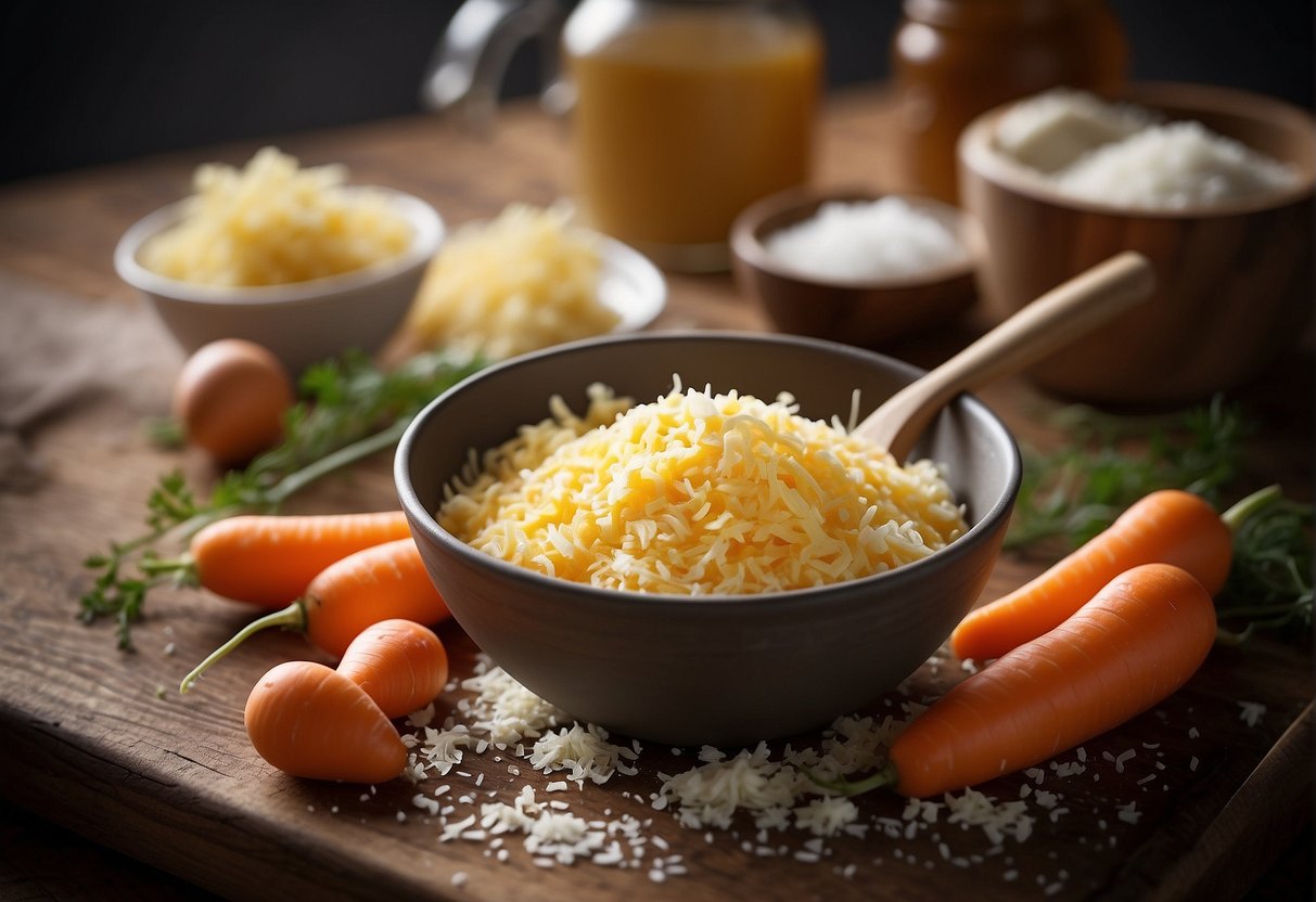 A mixing bowl filled with grated carrots, flour, sugar, and eggs. A wooden spoon stirs in creamy butter and vanilla extract