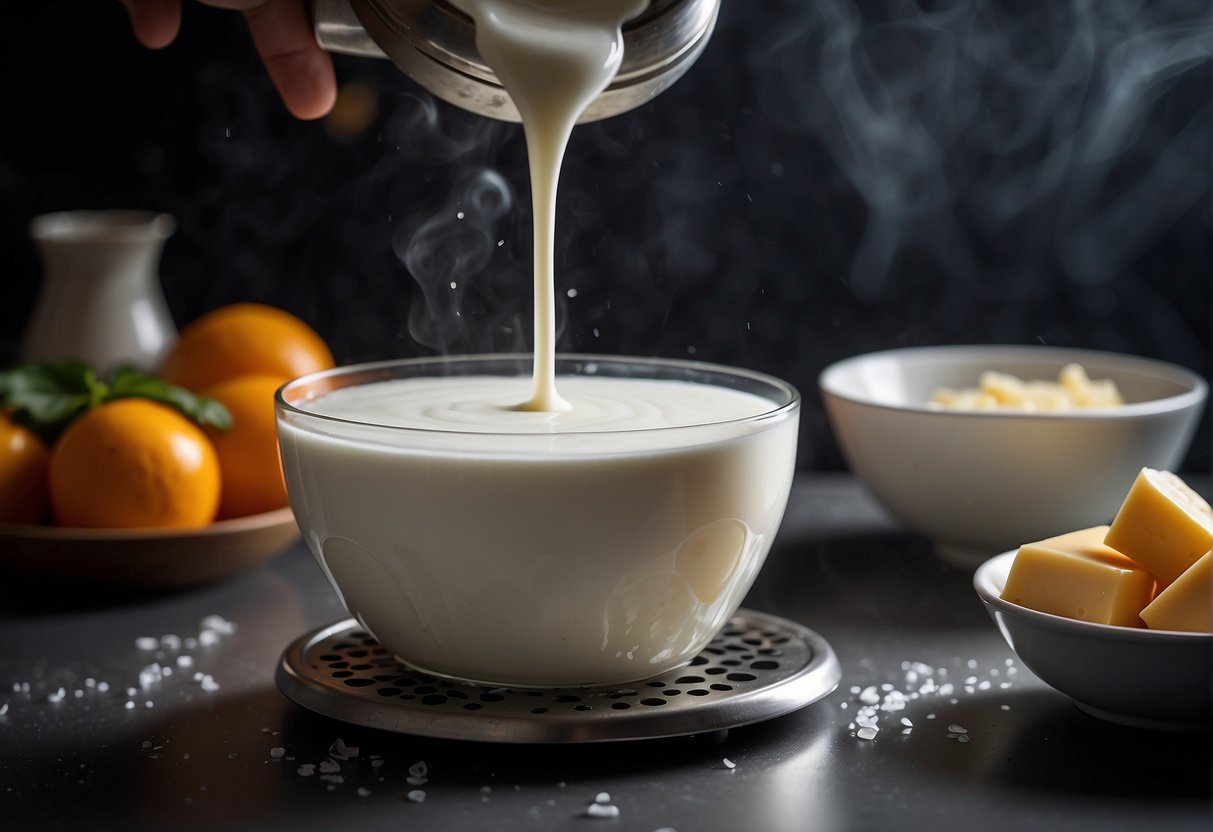 A bowl of milk sits on a stovetop, a thermometer submerged. A hand stirs in a spoonful of yogurt. The mixture is poured into a cheesecloth-lined strainer