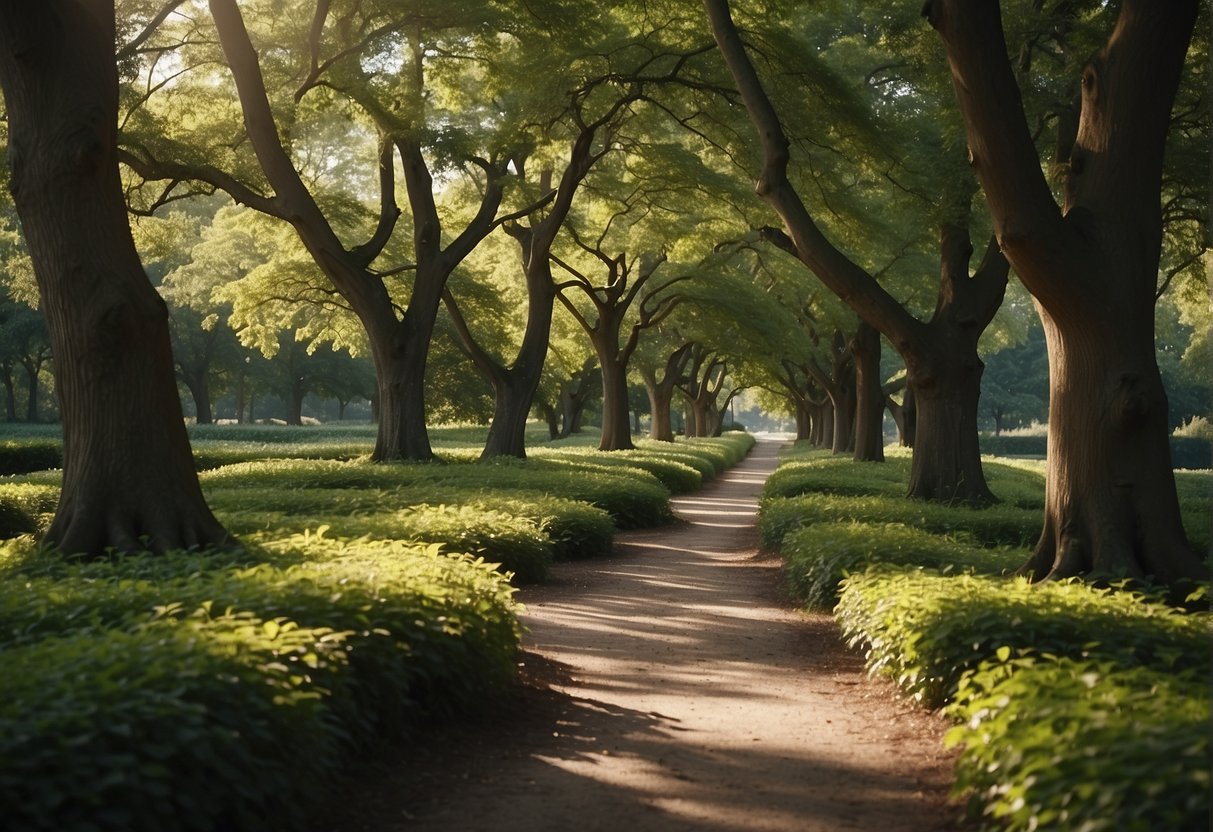 A winding path through a lush green park, with a clear blue sky overhead and a gentle breeze rustling the leaves of the trees