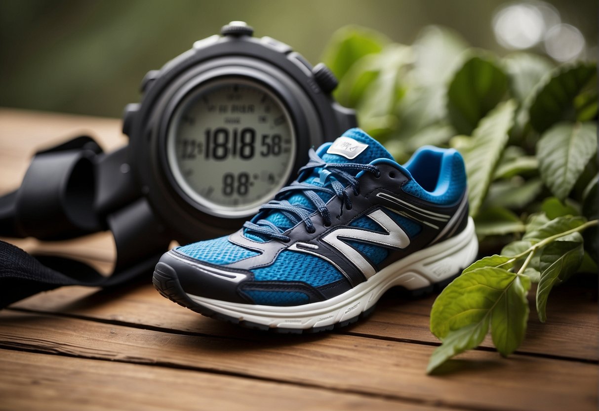 A pair of running shoes, a stopwatch, and a printed out 12-week running program lay on a wooden table, ready to be used for a beginner's training program