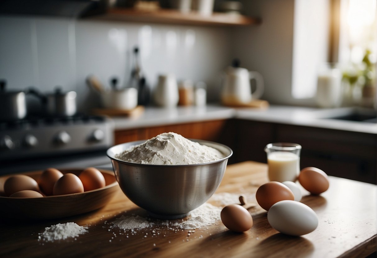 A mixing bowl with flour, eggs, milk, and a whisk on a kitchen counter