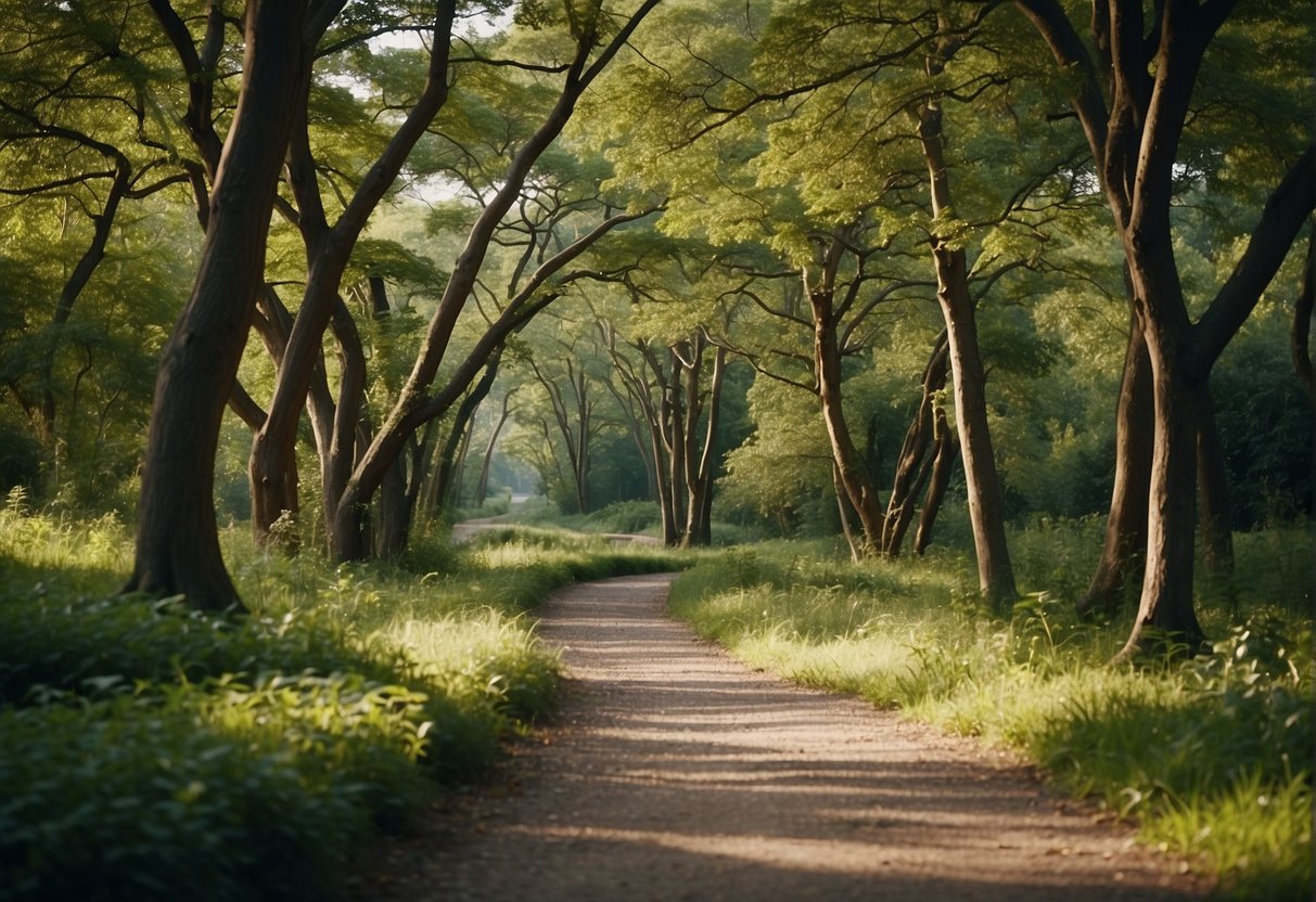 A winding trail through a lush green park, with distance markers and a clear path ahead, surrounded by trees and a bright blue sky