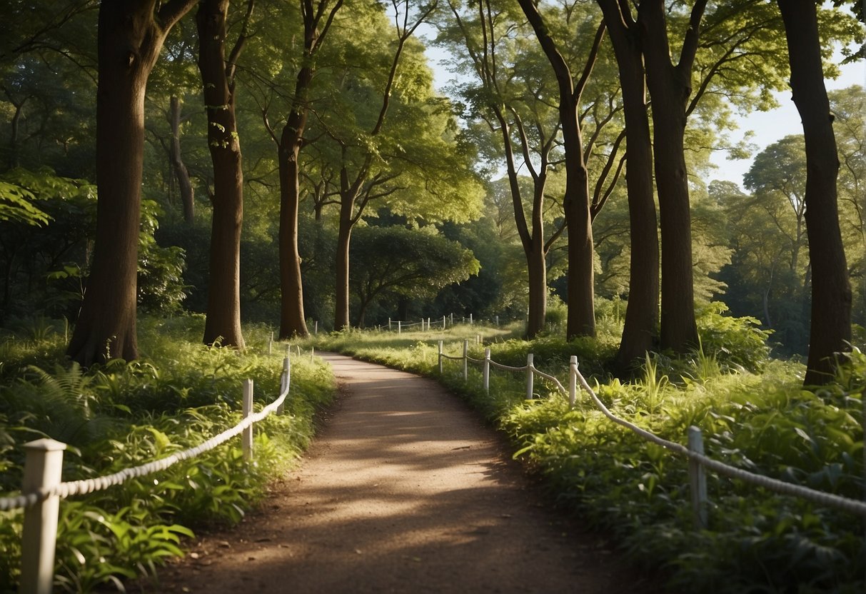 A winding path through a lush green park, with a clear blue sky overhead. A series of distance markers line the route, leading off into the distance