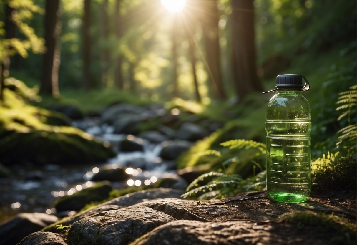 A trail winds through a lush forest, with a clear stream running alongside. Sunlight filters through the trees, illuminating the path ahead. A water bottle and healthy snacks sit on a rock, ready for a break