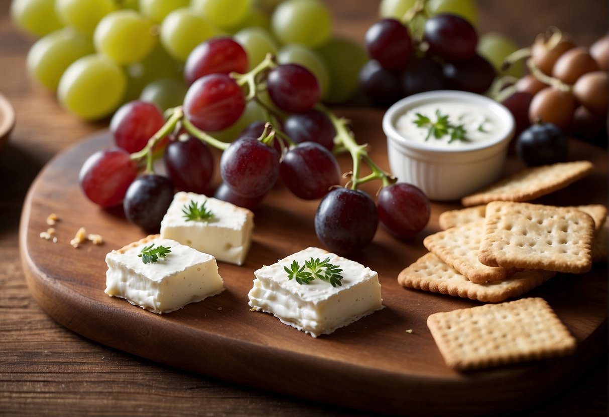 A platter of goat cheese appetizers with crackers, grapes, and a drizzle of honey on a wooden board
