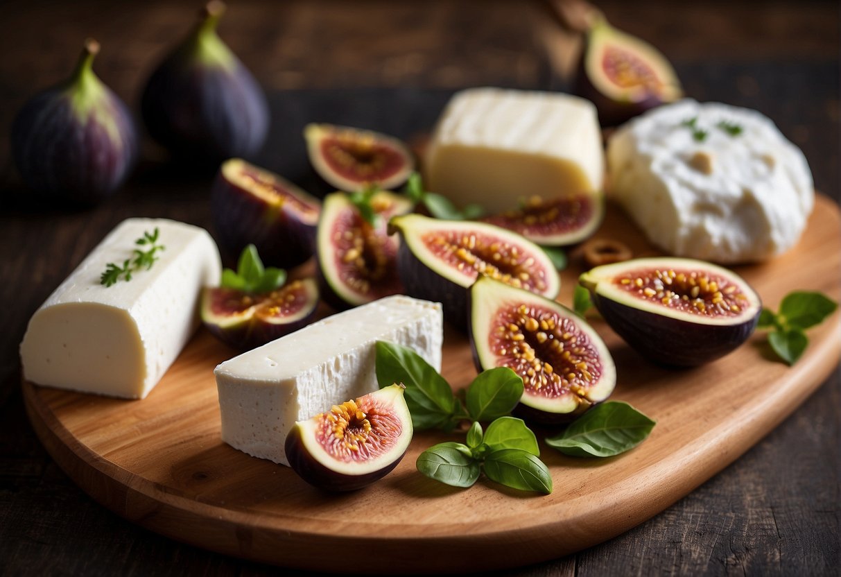 A wooden cutting board with sliced baguette, figs, and goat cheese arranged in a visually appealing manner