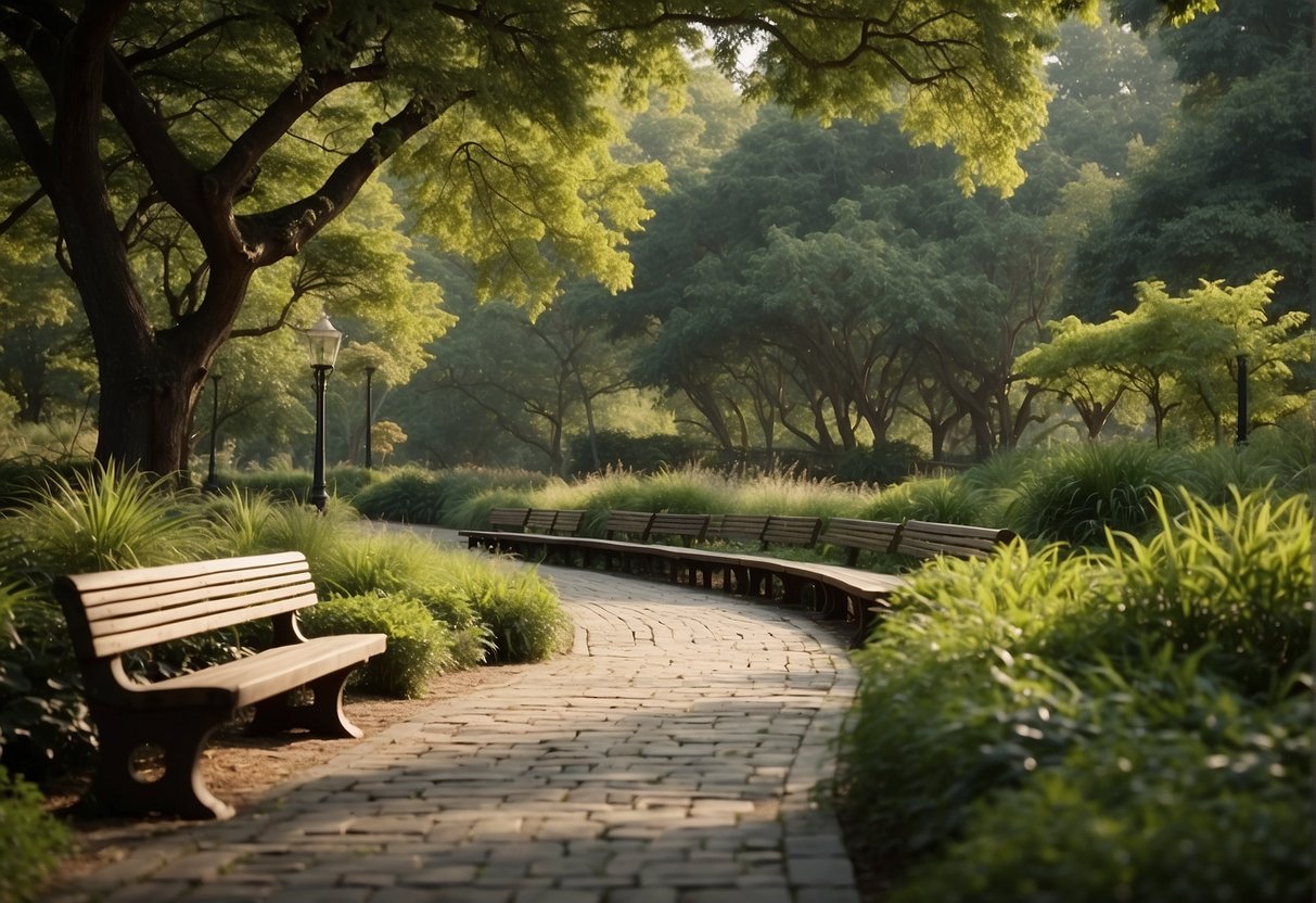 A serene park trail with gradual inclines and flat stretches, surrounded by lush greenery and occasional benches for resting