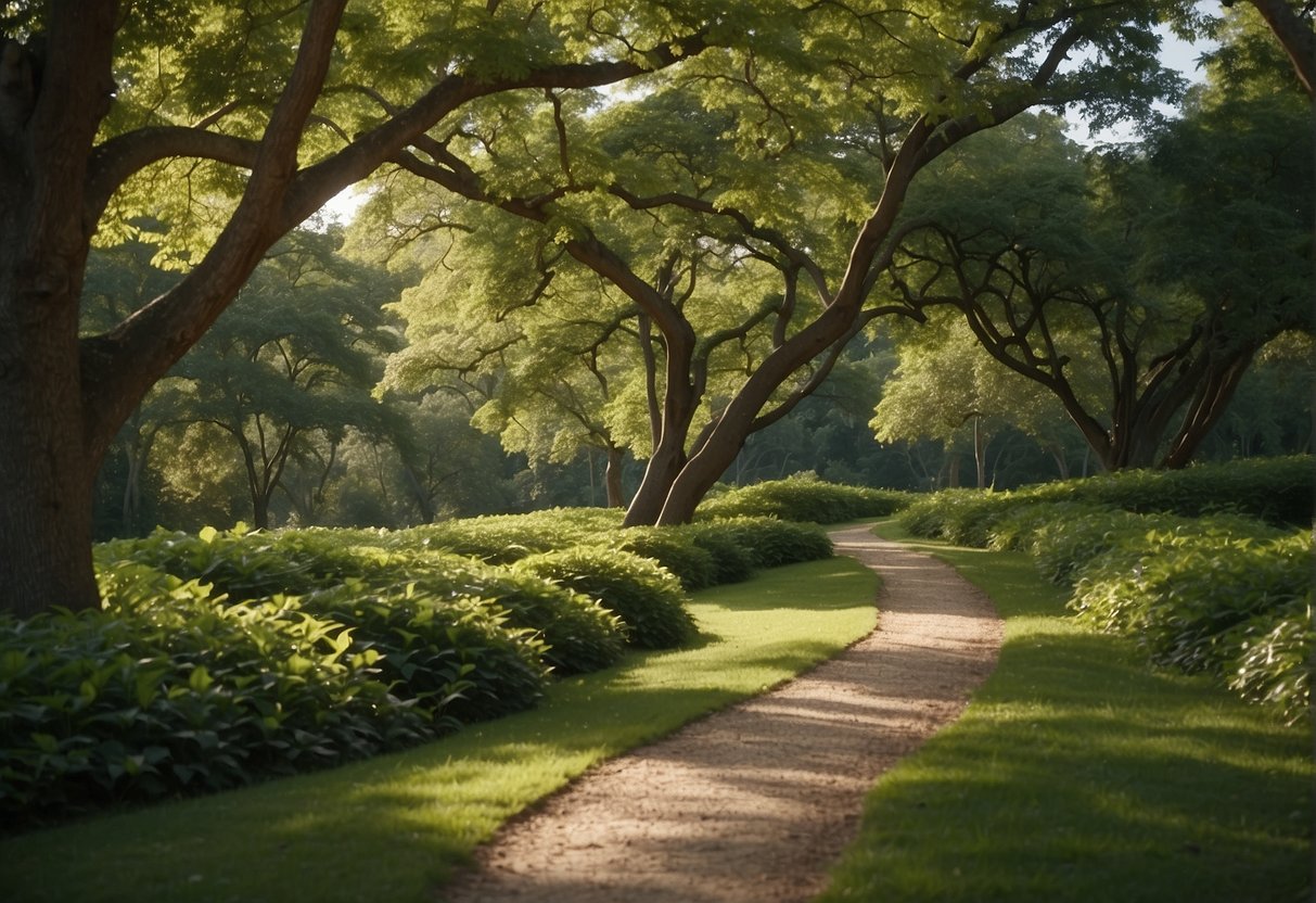 A winding path through a lush green park, with a clear blue sky above and a gentle breeze rustling the leaves of the trees