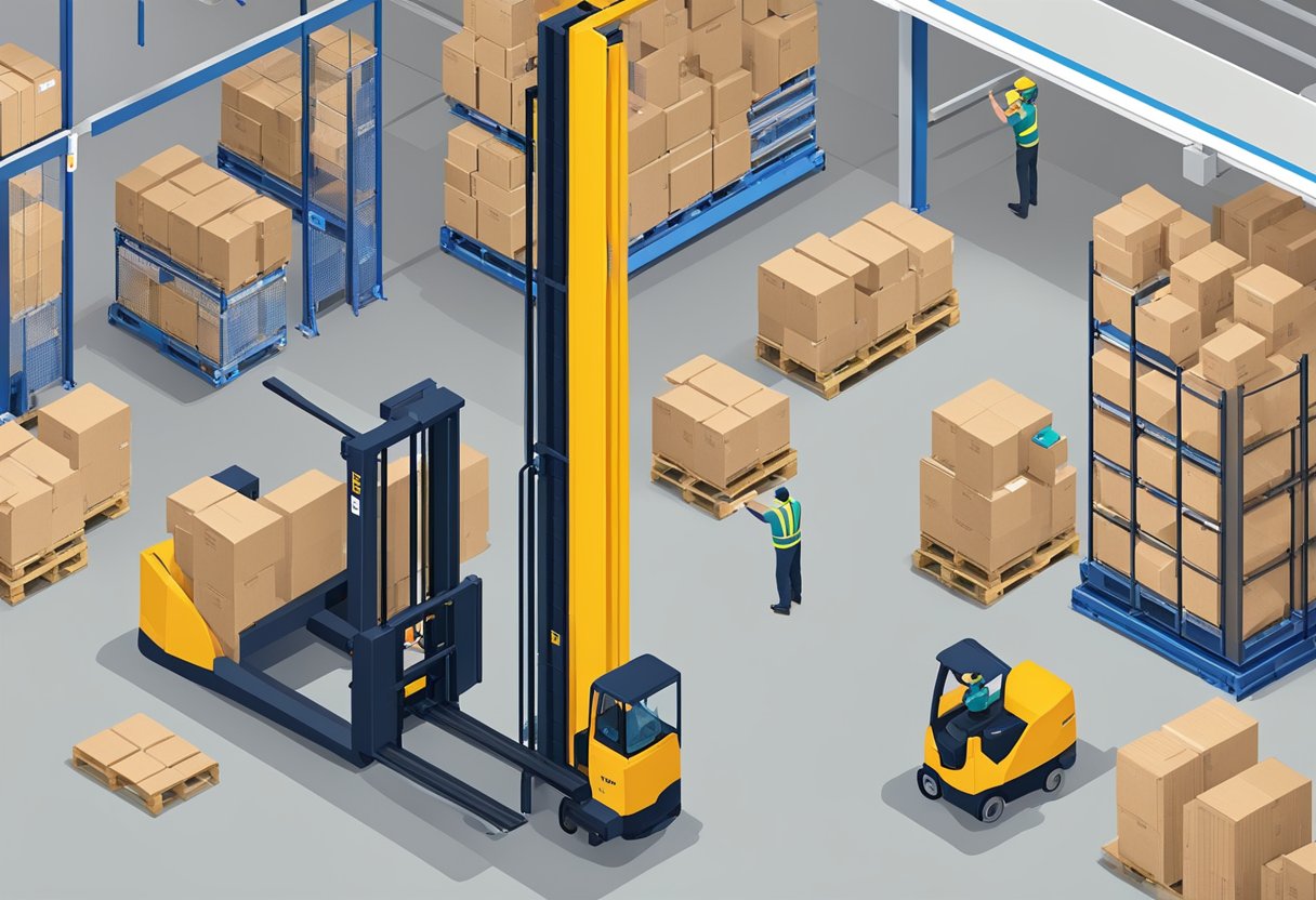 EkkoLifts material handling equipment in use at a busy warehouse, with pallets being lifted and moved around by the machinery