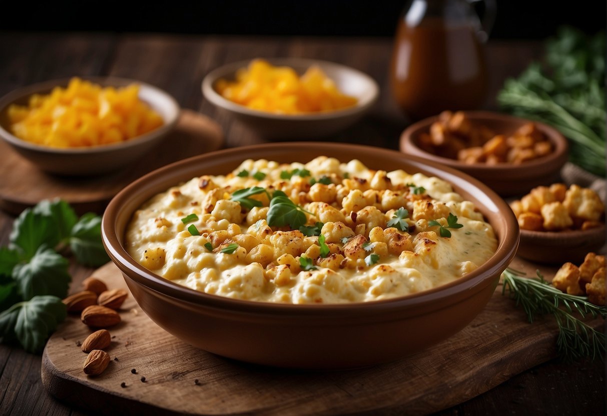 A bubbling dish of hot roasted cauliflower cheese dip, surrounded by a variety of essential ingredients such as cheese, cauliflower, herbs, and spices