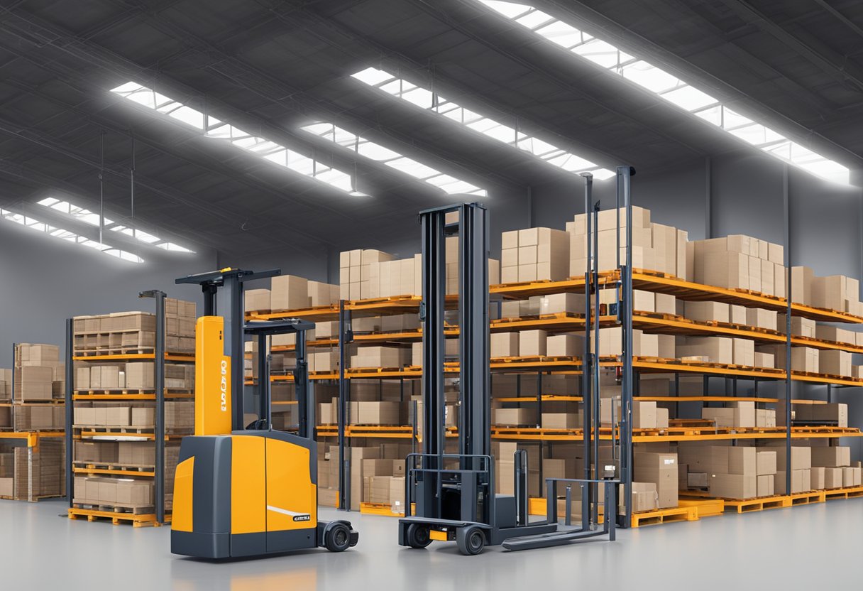 An array of EkkoLifts material handling equipment, neatly arranged in a warehouse setting with shelves and pallets in the background