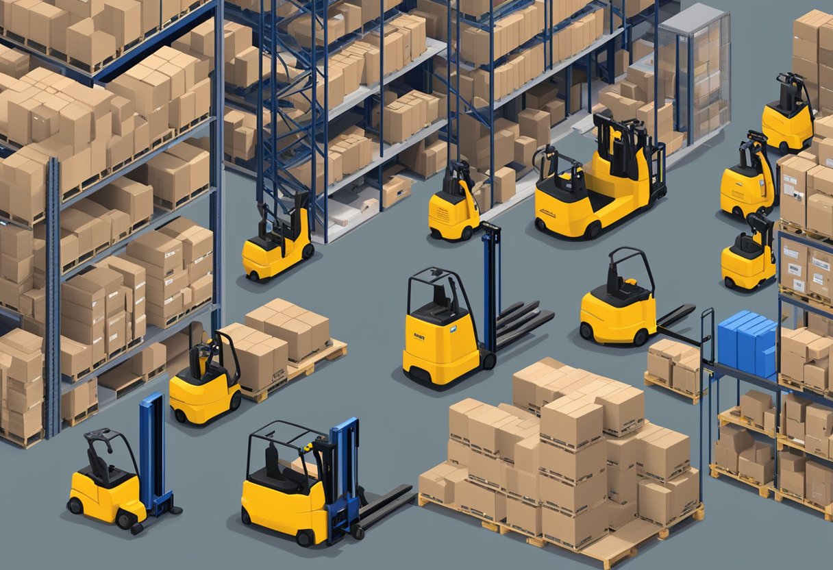 A warehouse filled with EkkoLifts material handling equipment, including pallet jacks, stackers, and lift tables