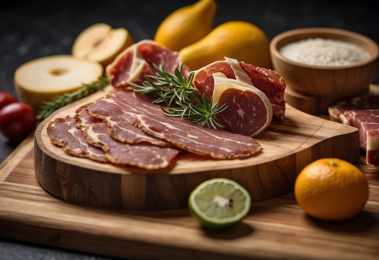 A piece of raw wood is being sanded and smoothed, with the edges left natural. Various cured meats, cheeses, and fruits are arranged on the board