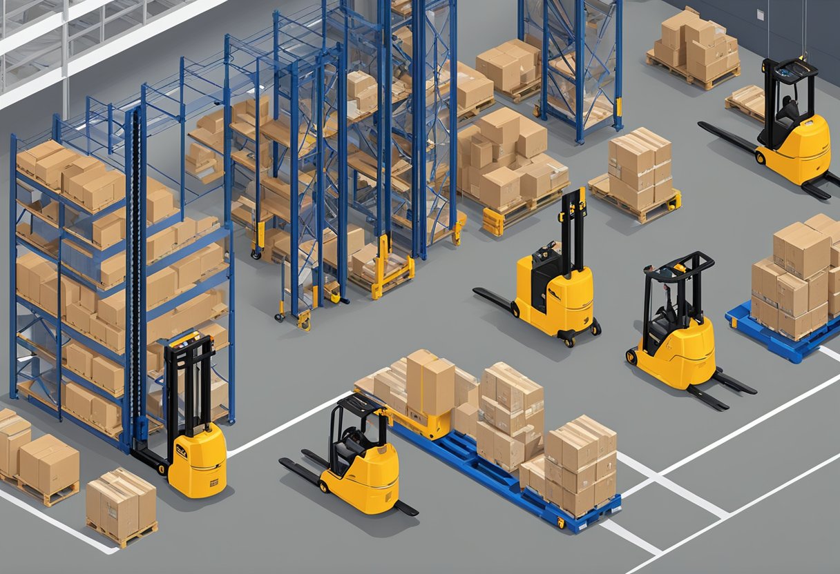 A warehouse with EkkoLifts material handling equipment in use, including pallet jacks, stackers, and lift tables