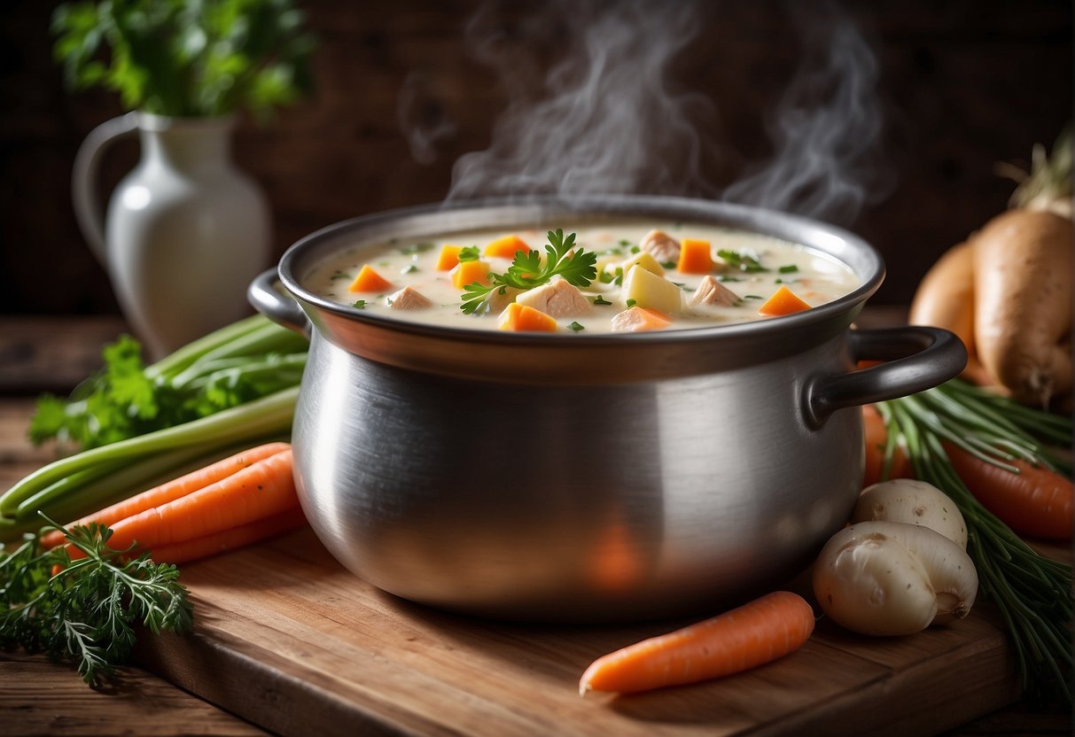 A steaming pot of chicken and potato chowder sits on a rustic wooden table, surrounded by fresh ingredients like carrots, celery, and herbs