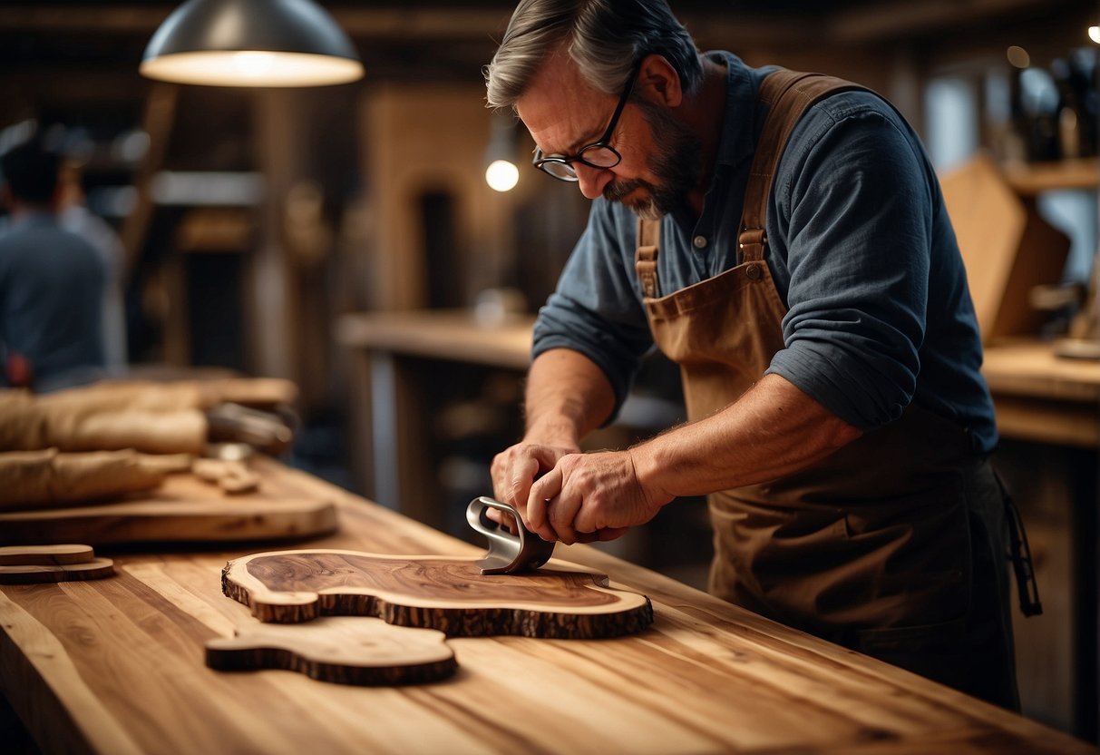 A woodworker applies a glossy finish to a live edge charcuterie board, highlighting the natural wood grain and knots