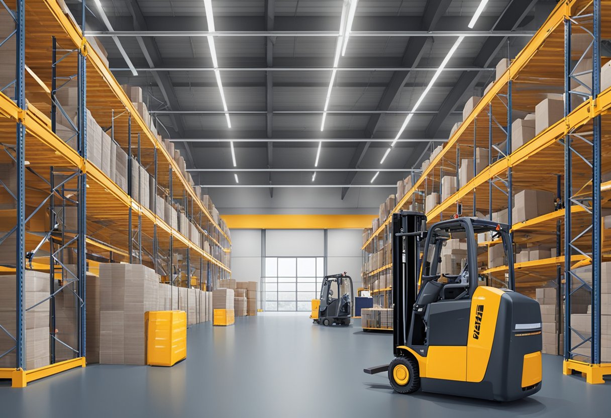 A warehouse with EkkoLifts material handling equipment in use, showcasing various testimonials and case studies displayed on the walls