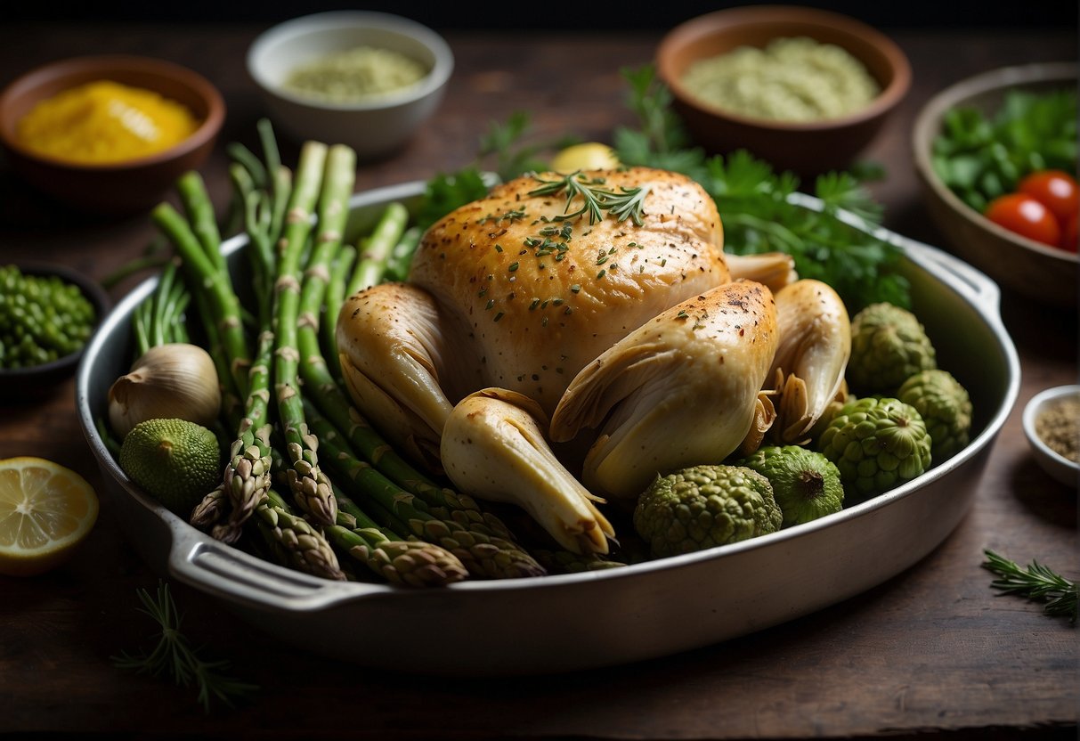 Artichokes, asparagus, and chicken arranged on a baking dish, surrounded by various herbs and seasonings, ready to be placed in the oven