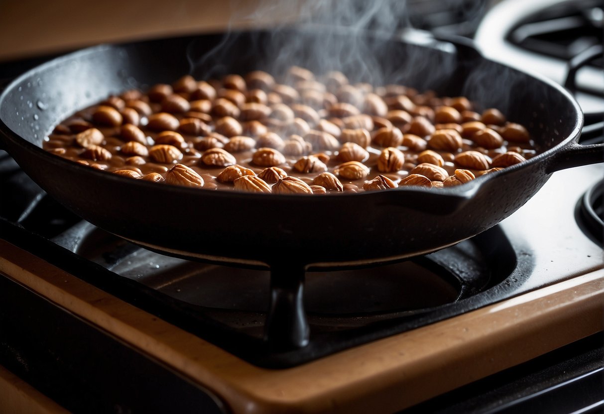 A cast iron skillet sits on a stovetop, filled with a bubbling mixture of chocolate and hazelnut. The rich aroma fills the air as steam rises from the skillet