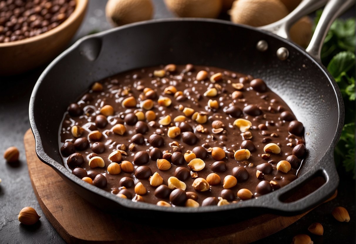 A cast iron skillet filled with bubbling chocolate hazelnut mixture sits on a kitchen counter, surrounded by various cooking utensils and ingredients