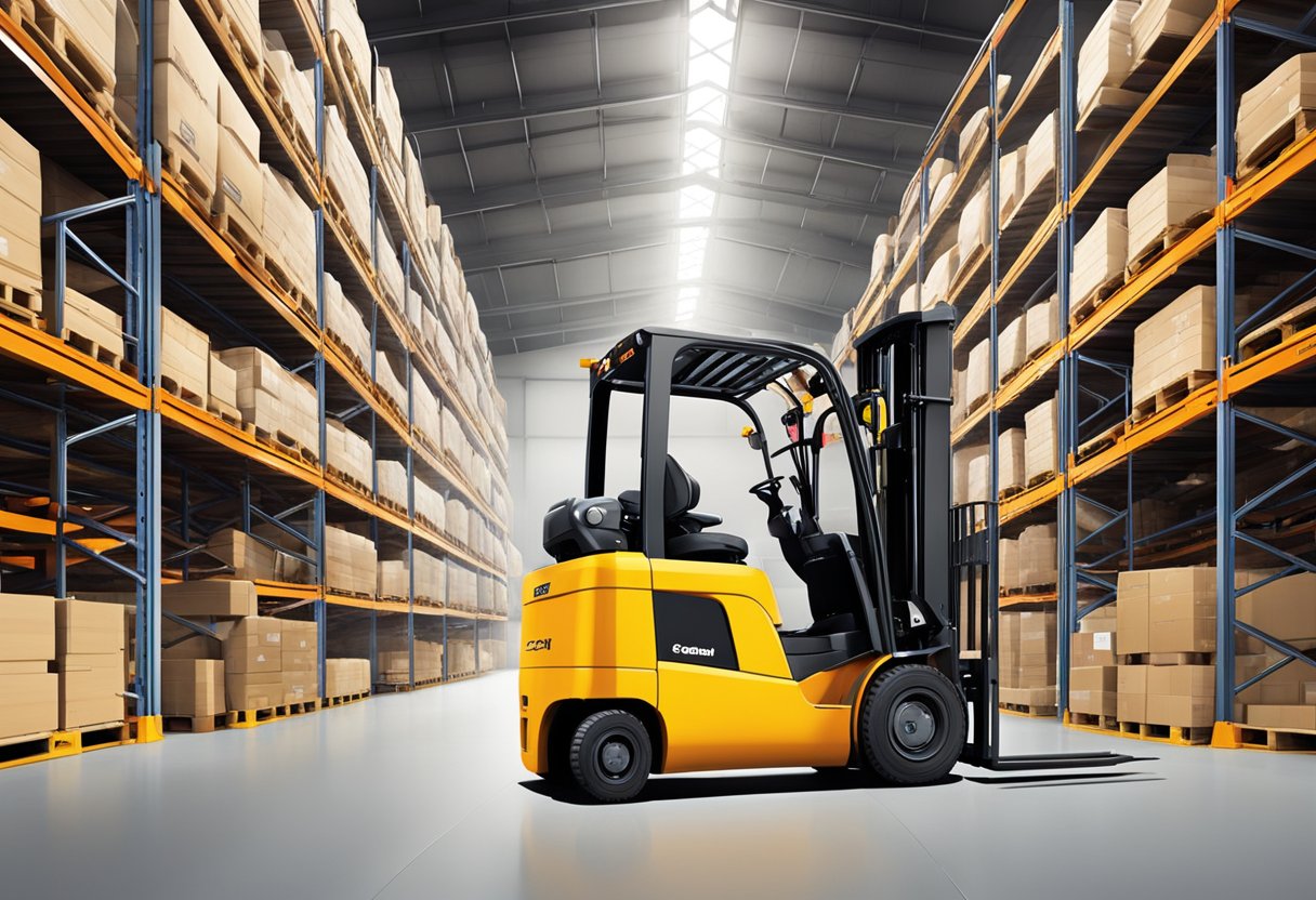 An EkkoLifts LPG forklift lifting heavy pallets in a busy warehouse, showcasing its efficiency and strength