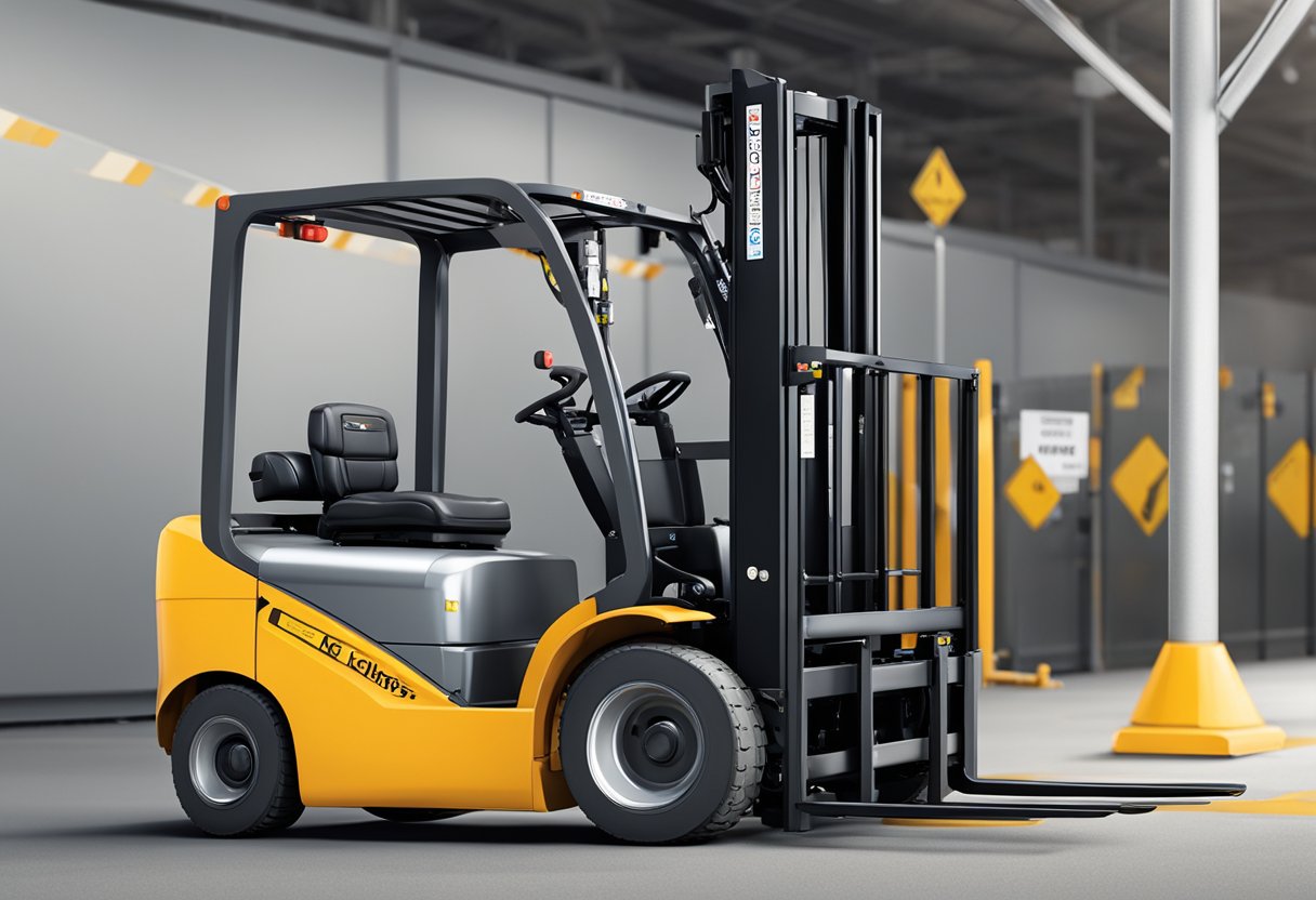 An EkkoLifts LPG forklift is parked in a designated area with safety barriers and caution signs displayed nearby