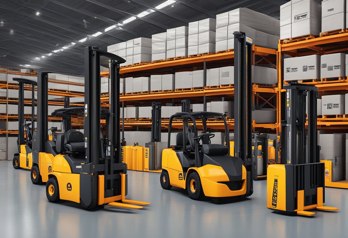The EkkoLifts LPG forklifts are lined up in a warehouse, with their sleek design and durable construction prominently displayed