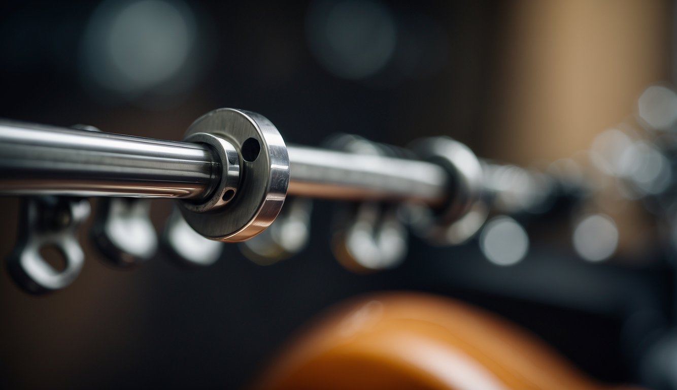 A wrench turns guitar tuning pegs, tightening strings