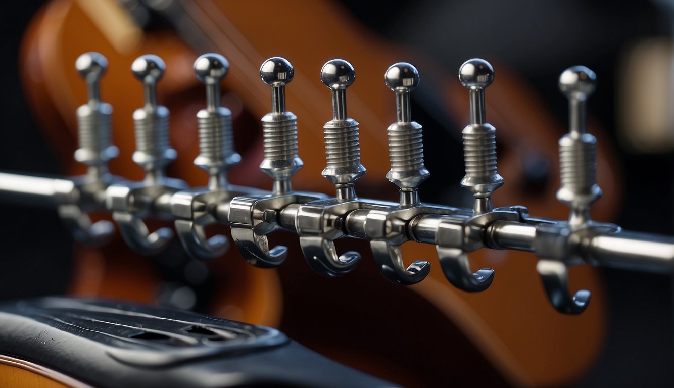 Guitar tuning pegs being turned to tighten strings, creating tension and achieving desired pitch