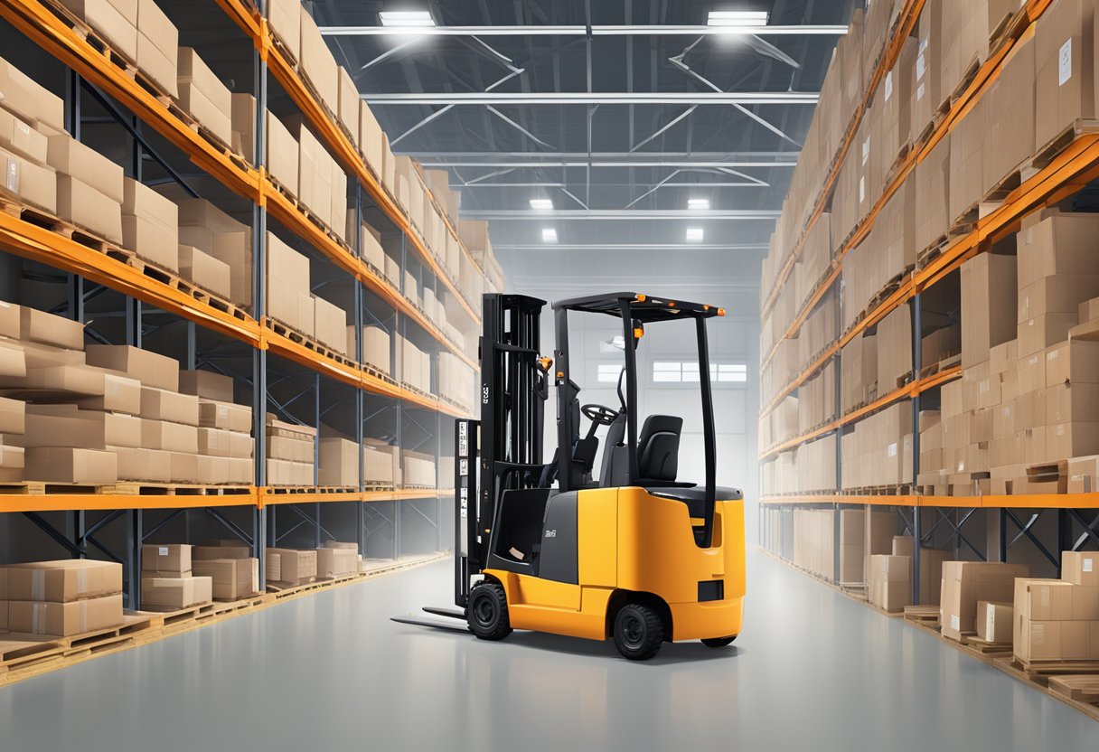 An EkkoLifts electric forklift lifts a pallet of goods in a warehouse