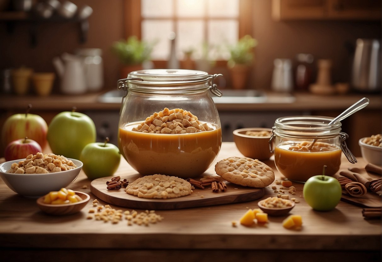 Mixing cookie dough with spiced caramel apple filling, surrounded by scattered ingredients and a warm, inviting kitchen backdrop