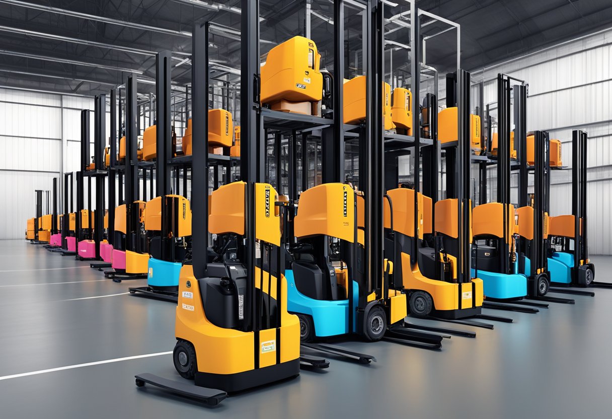 An array of EkkoLifts electric powered forklifts lined up in a warehouse, with their sleek design and vibrant colors standing out against the industrial backdrop