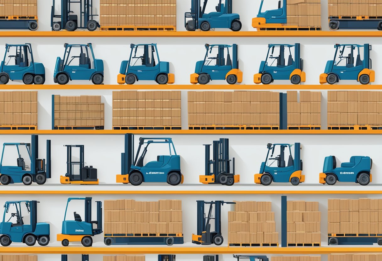 A warehouse with rows of EkkoLifts electric powered forklifts, neatly lined up and ready for use