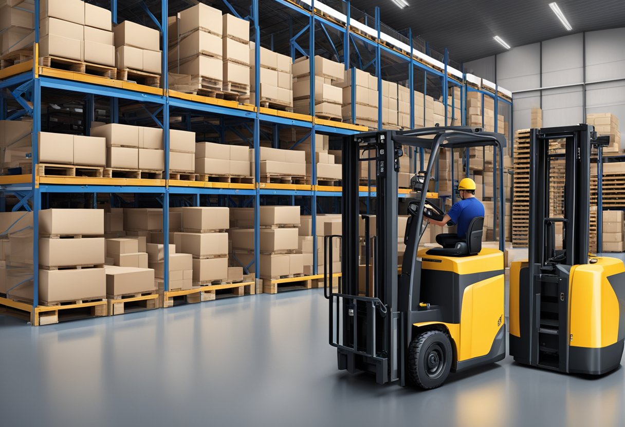 A warehouse with rows of EkkoLifts electric forklifts in operation, moving pallets of goods