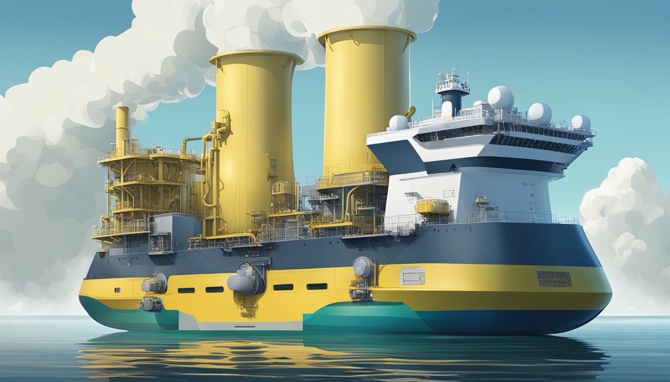 A dual-fuel engine powers a large ship, emitting reduced emissions into the ocean. It utilizes both traditional fuel and natural gas, reducing environmental impact
