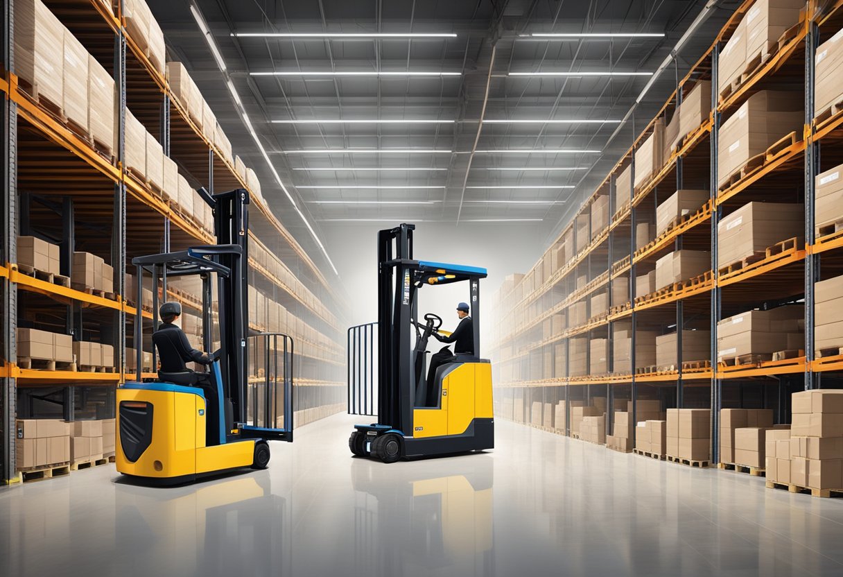 A warehouse with EkkoLifts electric forklifts efficiently moving pallets of goods with precision and ease