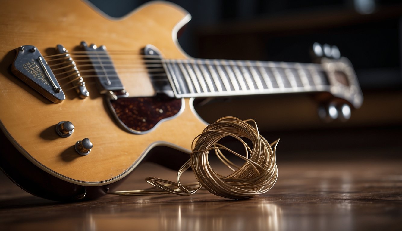 A broken guitar string lies on the floor next to a guitar. The broken end of the string is visible, and the guitar is resting against a stand