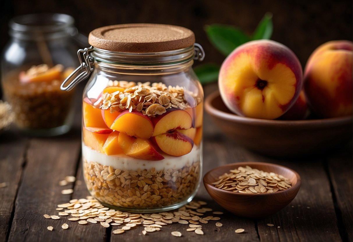 A jar filled with layers of sliced peaches, topped with a crumbly oat and brown sugar mixture, all set against a rustic backdrop