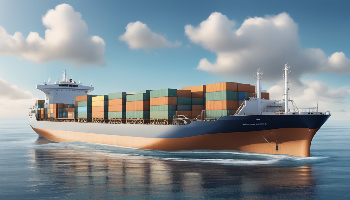 A large cargo ship sails across the open sea, its dual-fuel engines emitting minimal emissions and providing cost-efficient and environmentally friendly propulsion. The engines seamlessly switch between traditional fuel and natural gas, making them ideal for long voyages and reducing the maritime industry