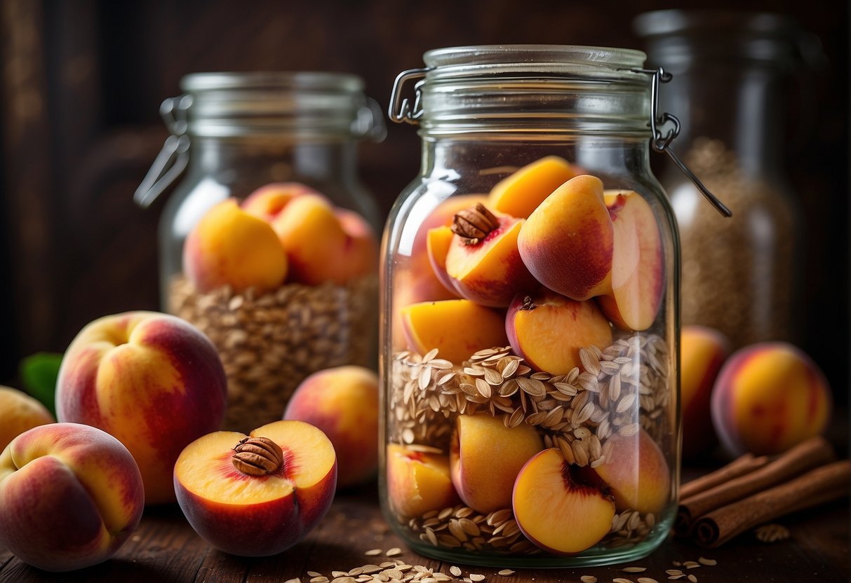 Fresh peaches, rolled oats, brown sugar, and cinnamon are neatly layered in a glass jar, ready to be baked into a perfect peach crisp