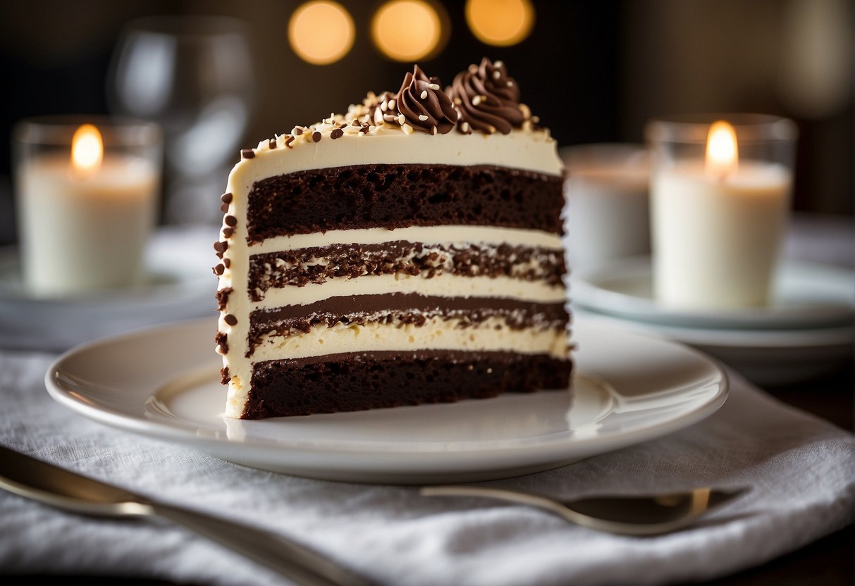 A Costco Tuxedo cake sits on a white porcelain cake stand, adorned with chocolate shavings and a layer of creamy frosting