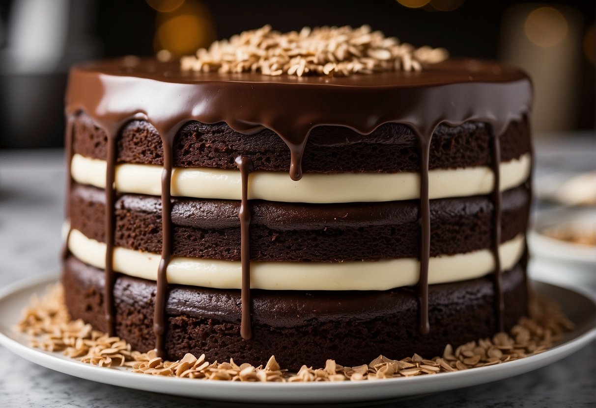 Layers of chocolate cake, frosting, and chocolate shavings are carefully stacked on top of each other to create the decadent Costco tuxedo cake