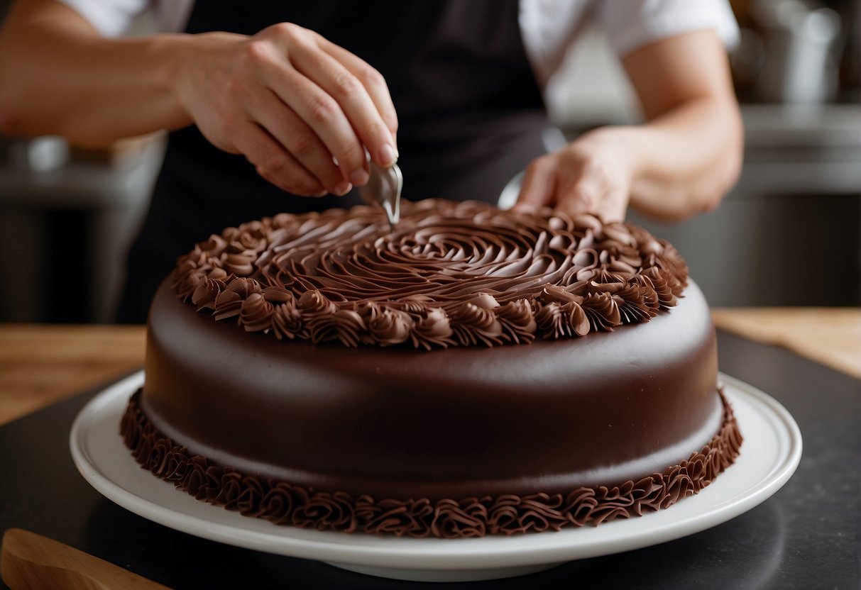 A baker carefully spreads chocolate ganache over the smooth surface of the Tuxedo Cake, adding elegant swirls and patterns with a piping bag