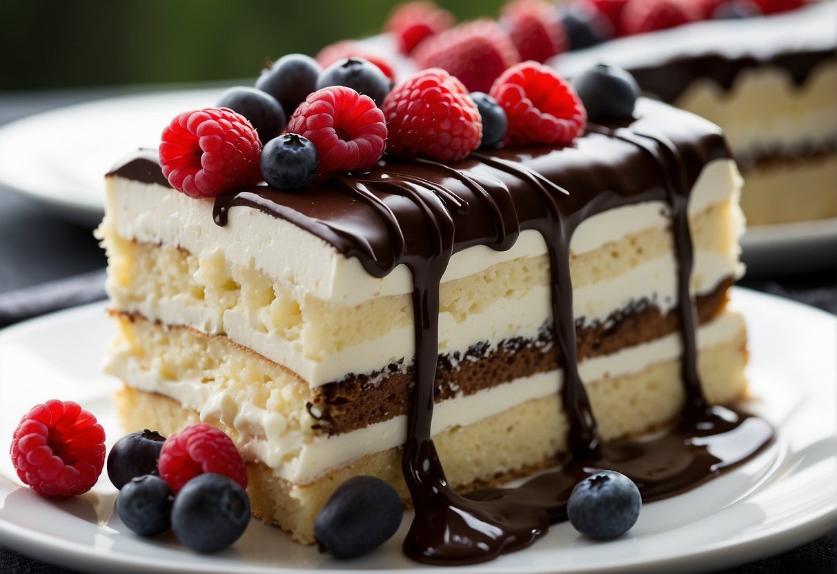 A Costco tuxedo cake sits on a white platter, surrounded by fresh berries and a dollop of whipped cream. The cake is richly layered with chocolate and vanilla, topped with chocolate shavings